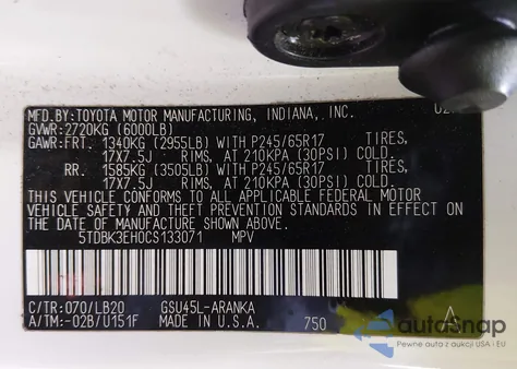 2012 Toyota Highlander Se V6 из США, поврежденный, VIN 5TDBK3EH0CS133071